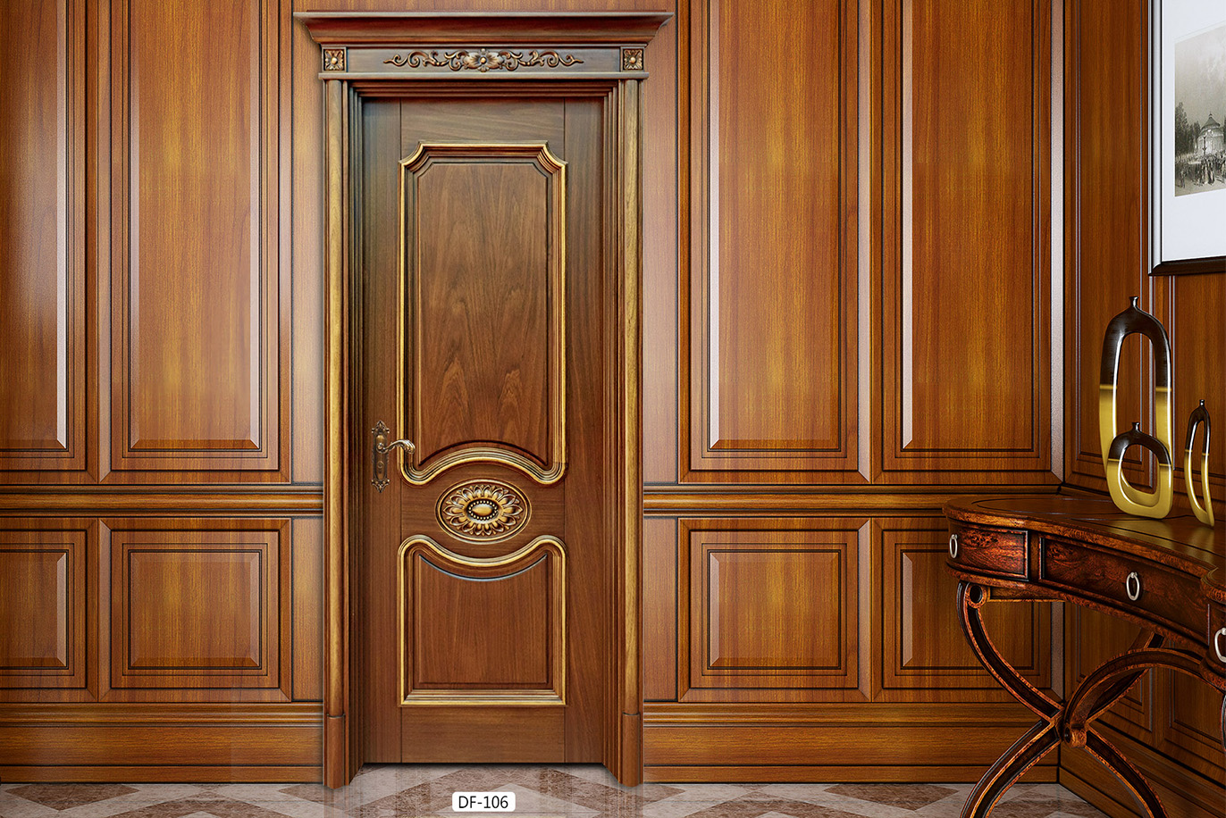 廠家直銷愉X-4061平開雕花仿古實(shí)木烤漆門